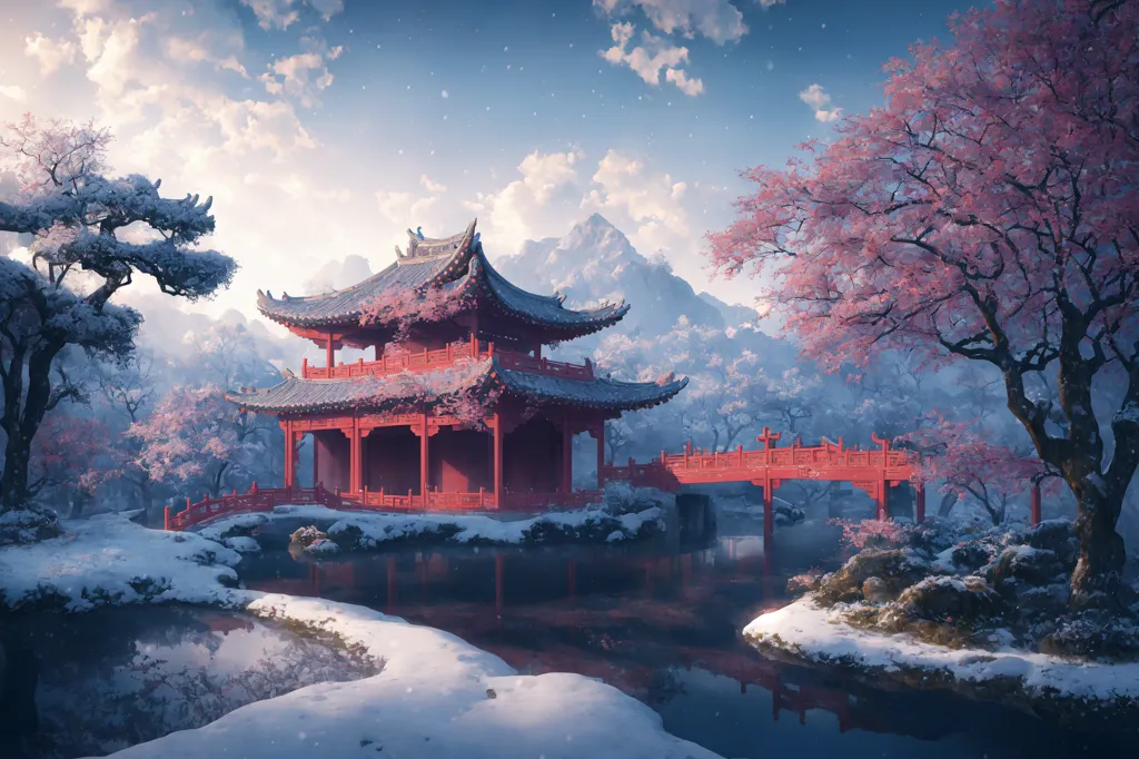 The image is a beautiful landscape of a Chinese-style garden in winter. The garden is covered in snow, and there are snow-capped mountains in the background. The main feature of the garden is a red pavilion with a curved roof, surrounded by trees and shrubs. The trees are bare, but there are some pink and white blossoms on the shrubs. There is a bridge leading to the pavilion, and there are some rocks and stones in the water. The water is still and reflects the sky, which is a light blue color with some white clouds. The overall atmosphere of the image is peaceful and serene.