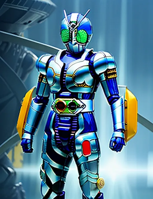 The image shows a character from the Kamen Rider series, a Japanese tokusatsu franchise. The character is Kamen Rider ZO, a cyborg superhero who fights against evil. ZO is depicted as a tall, muscular man with blue and silver armor. He has a green visor and a yellow belt. He is standing in a fighting stance, ready to attack his opponent. The background is a blur of blue and white, suggesting that he is in a high-tech environment.