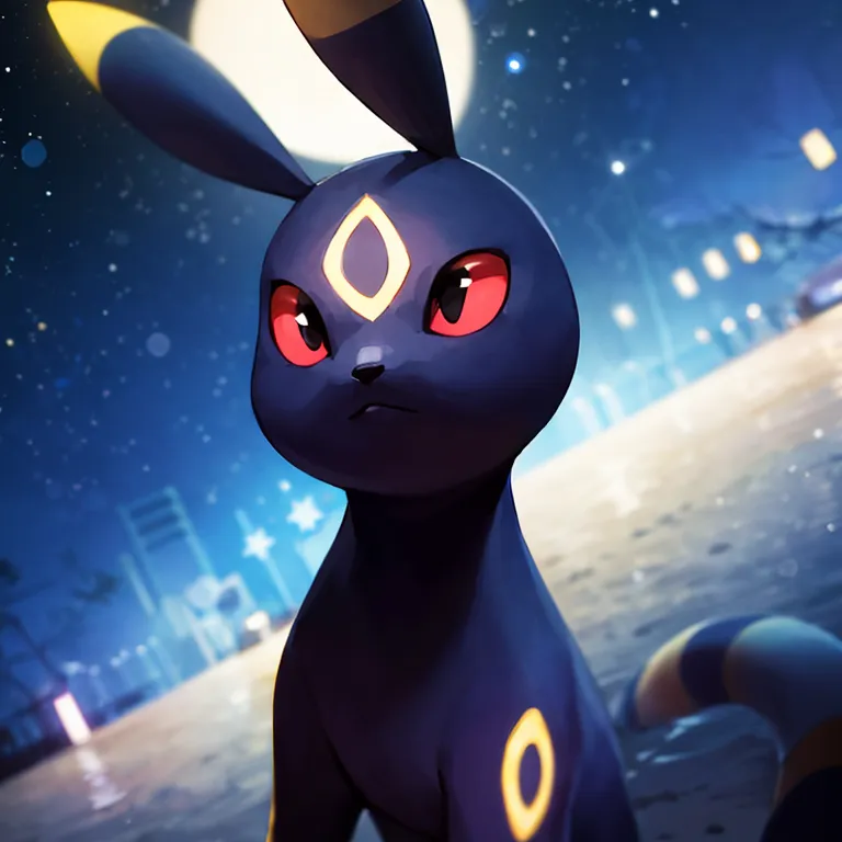 This is an image of a Pokémon. It is a black and purple creature with red eyes. It has long ears and a tail with a yellow ring on it. It is standing in a dark place with a full moon in the background. There are also some stars in the sky. The Pokémon is looking at the viewer with a serious expression