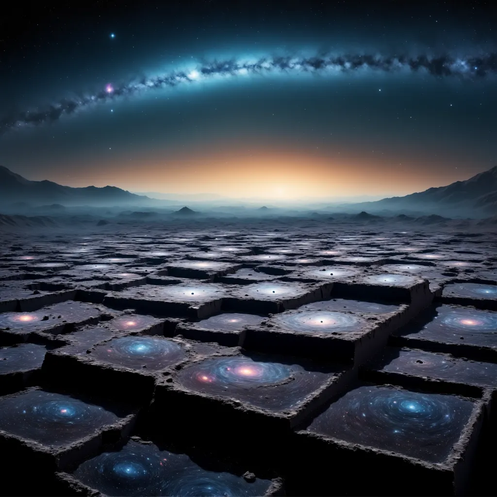 The image is set in a vast, alien landscape. The ground is made up of large, flat stones, each of which contains a swirling galaxy. The sky is dark and filled with stars. There is a mountain range in the distance.