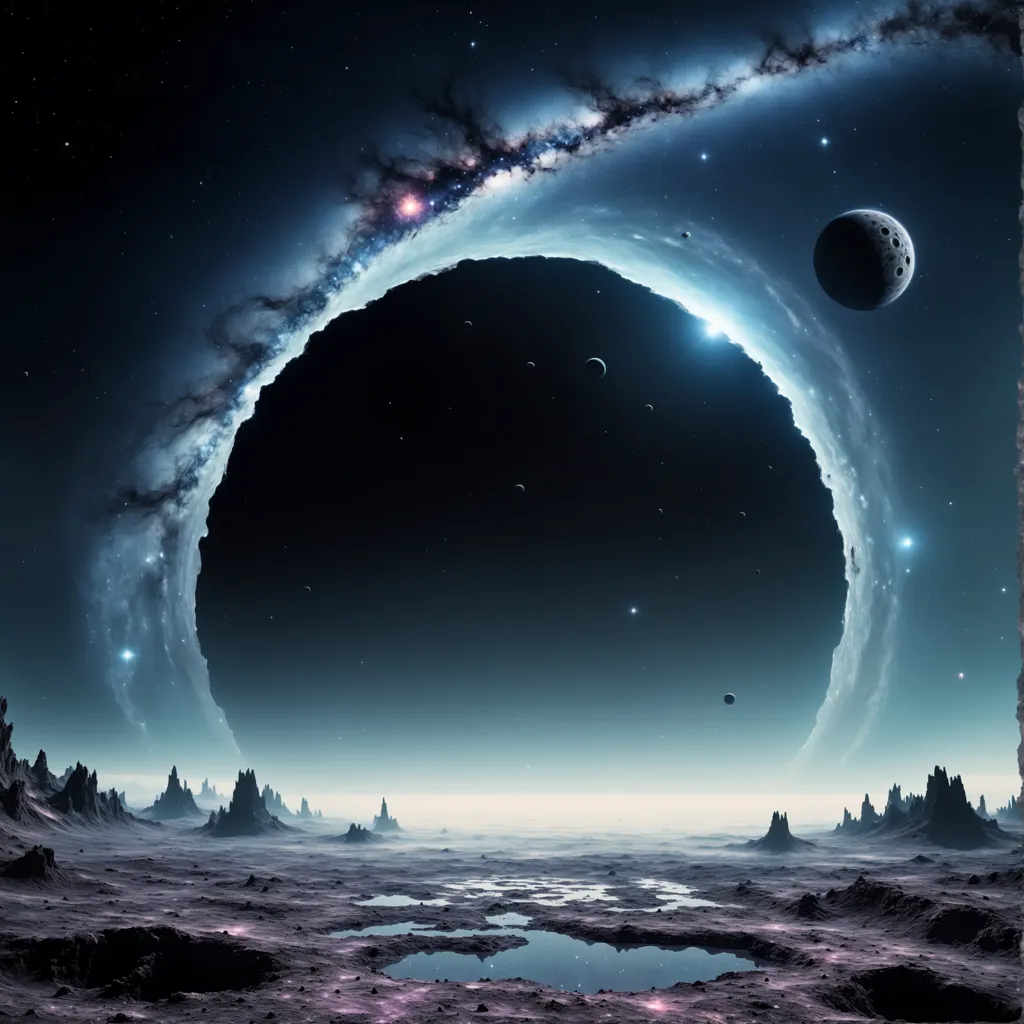 The image is set in a vast, alien landscape. In the foreground, there is a large, dark planet with a glowing atmosphere. The planet is surrounded by a number of smaller moons. In the background, there is a bright, swirling galaxy. The image is full of rich detail and vibrant colors.