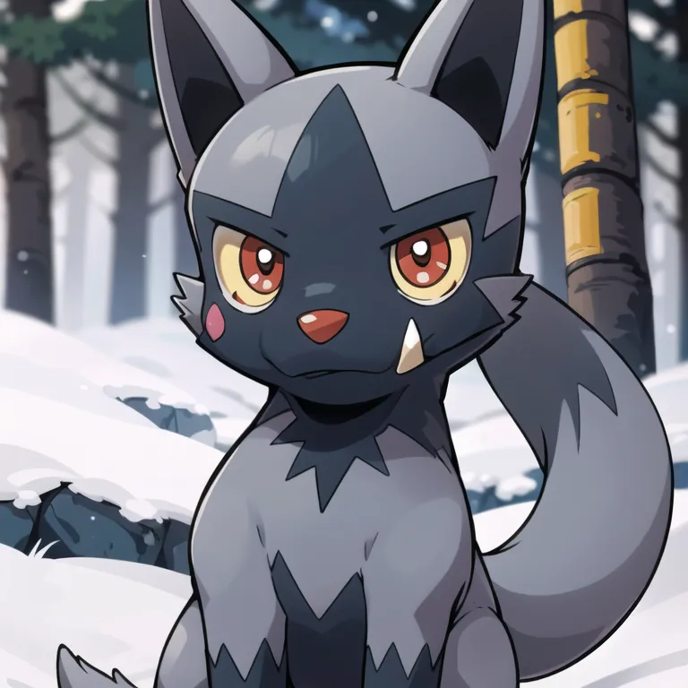 This is an image of a Pokémon character. It is a quadrupedal, canine-like creature with gray fur, a black nose, and red eyes. It has a white belly and a white tip on its tail. There are two tufts of fur on its head that resemble ears, and it has a single, prominent tooth sticking out of its mouth. It is standing in a snowy forest, looking at the viewer with a curious expression