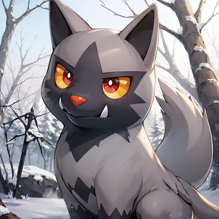 The image shows a quadrupedal, canine-like Pokémon with gray and black fur. It has a large head with a short, pointed snout, and its ears are long and pointed. Its eyes are red, and it has a small, black nose. Its body is covered in gray fur, with a black stripe running down its back. Its tail is long and bushy, and it has a black tip. The Pokémon is standing in a snowy forest, and it is looking at the viewer with a curious expression