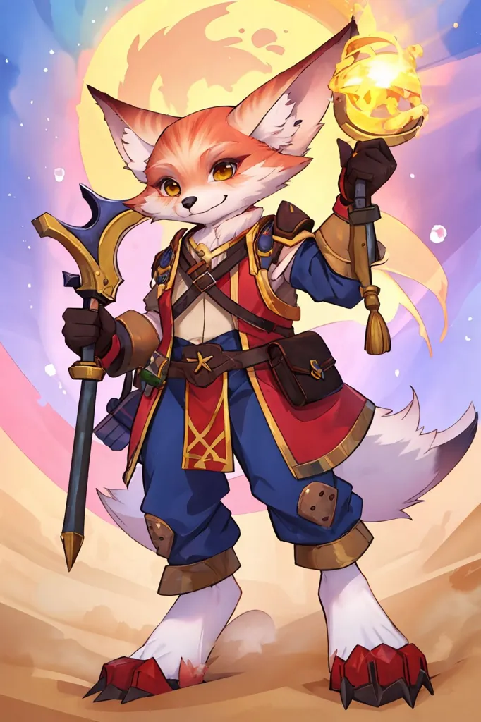 This image shows a bipedal fox-like creature with bright orange fur, a white belly, and large, triangular ears. It is wearing blue and red clothing that looks like a cross between a tunic and a coat, and it has a belt with a golden buckle. The creature is also wearing brown gloves and boots, and it has a sword and a staff in its hands. It has a determined expression on its face, and it looks like it is ready for battle. The background of the image is a desert, with a large moon in the sky.