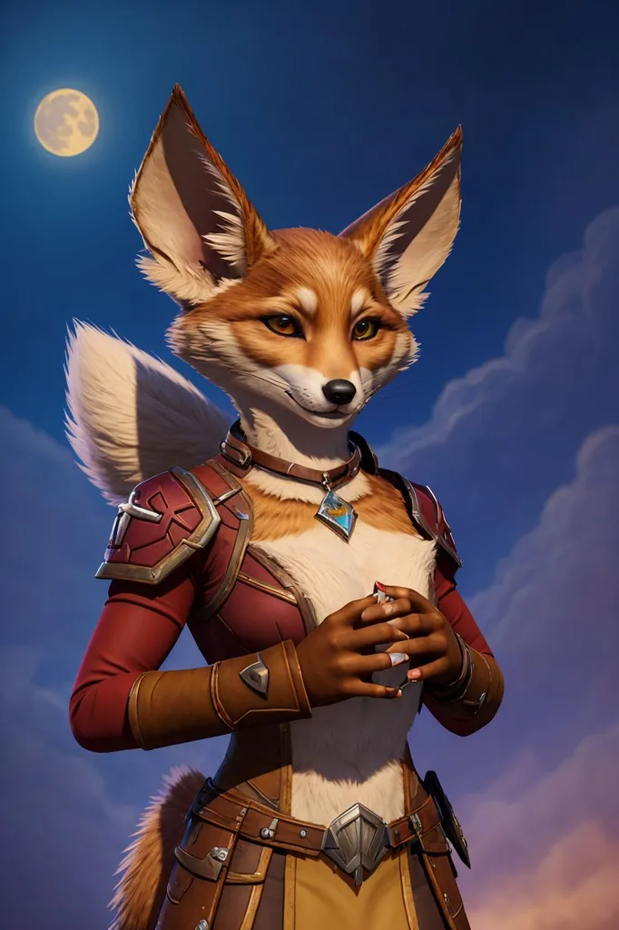 The image is of a female fox anthro with long, pointed ears and a large, bushy tail. She is wearing a red and brown outfit with metal armor and has a determined expression on her face. She is standing in front of a blue background with a full moon in the top left corner.