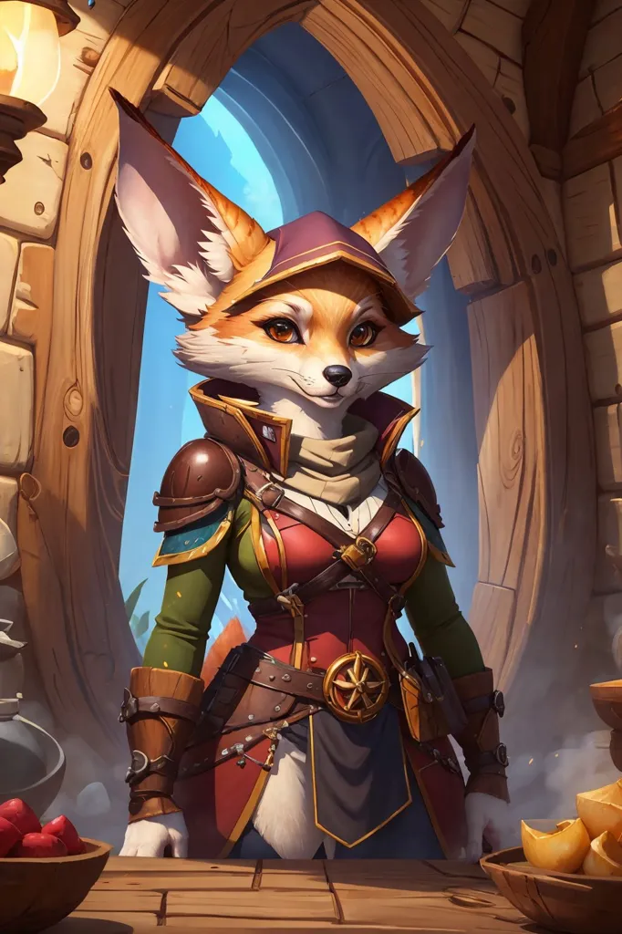 The image shows a female fox anthro with long, pointed ears and a large, fluffy tail. She is wearing a red and green outfit with a hood and a brown belt with a golden buckle. She is also wearing a pair of brown boots and a pair of fingerless gloves. She has a friendly expression on her face and is standing in a relaxed pose. Behind her is a wooden door with a blue background.