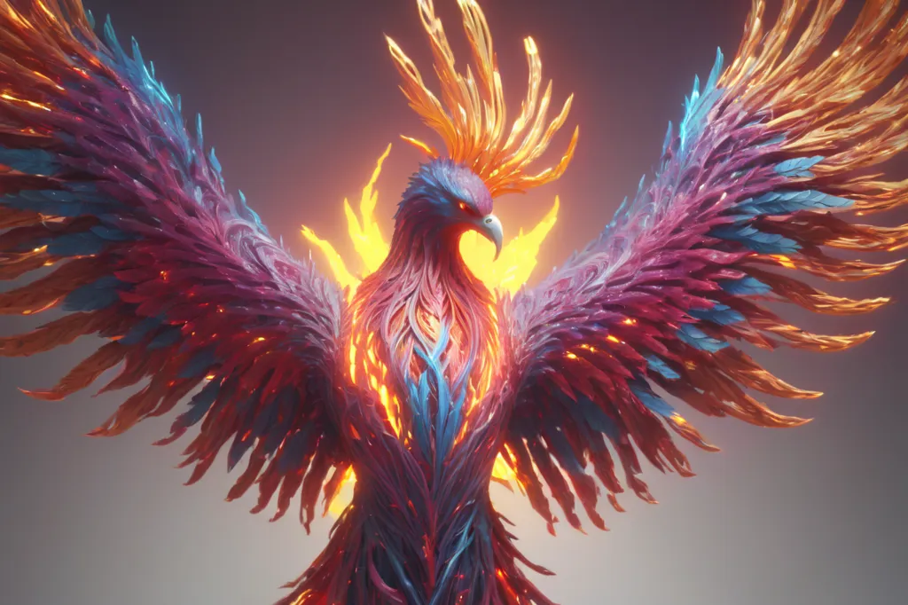 The image shows a phoenix, a mythical bird that is said to be a symbol of hope and renewal. The phoenix is depicted here as a large, majestic creature with bright, colorful feathers. The bird's wings are spread wide, and it is surrounded by flames. The background is a dark, starry sky.