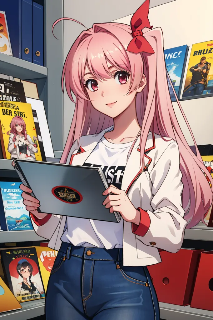 The image depicts an anime-style girl with pink hair and red eyes. She is wearing a white shirt, a red jacket, and blue jeans. She is holding a tablet in her hands. There are bookshelves and magazines in the background.