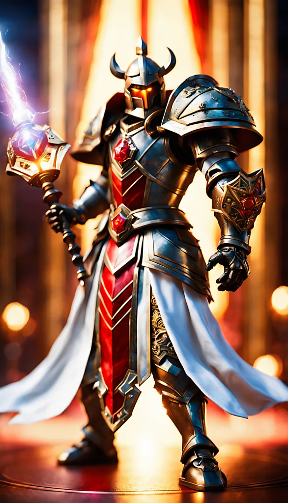 The image shows a warrior in full plate armor. He is holding a hammer in his right hand and a shield in his left hand. The hammer is glowing with a blue light. The warrior is standing on a raised platform, and there are flames in the background. He is wearing a red cape, and he has a helmet with horns on his head. The warrior is standing in a determined pose, and he looks like he is ready for battle.