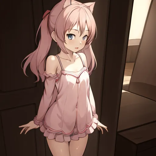 The image depicts a young girl with pink hair and blue eyes. She is wearing a pink nightgown with a white camisole underneath. The nightgown is trimmed with white lace. She is standing in a doorway, looking at the viewer with a shy expression on her face. Her left hand is slightly raised, as if she is about to knock on the door.