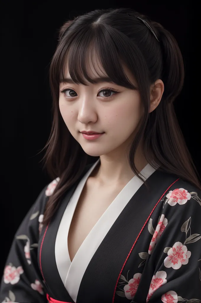 The image shows a young woman with long black hair and bangs. She is wearing a black kimono with a white collar and pink floral pattern. The kimono is tied with a red obi sash. The woman's hair is styled in a hime cut with the front sections shorter than the rest of her hair. She has brown eyes and is wearing light makeup. The background is black and the woman is looking at the camera with a slight smile on her face.