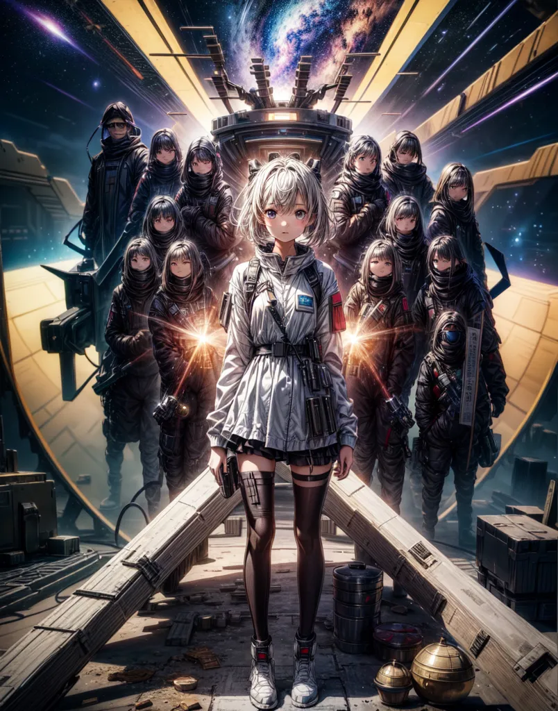 The image is of a group of anime girls in military gear. They are standing in front of a large spaceship. The girl in the front has white hair and is wearing a white jacket. She is holding a gun. The other girls have black hair and are wearing black uniforms. They are also holding guns. The spaceship is in the background and is surrounded by stars.