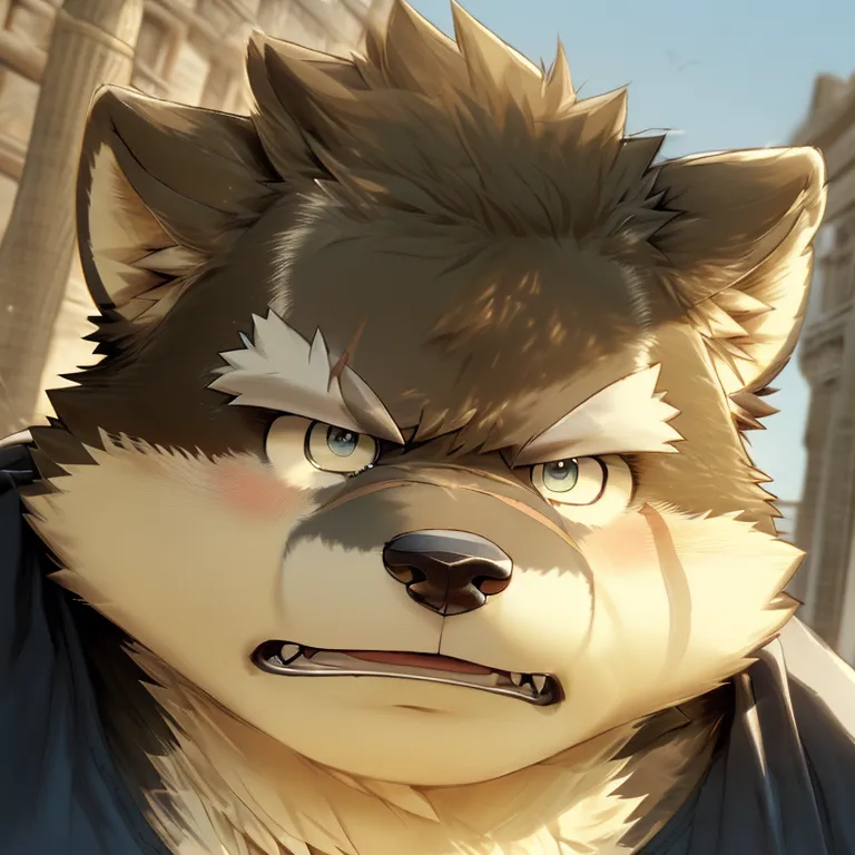 The image is a close-up of a muscular anthropomorphic wolf. He has brown fur with white and grey markings, and his eyes are a light blue color. He is wearing a dark blue shirt that is partially unbuttoned, showing off his muscular chest. He has a determined expression on his face, and it looks like he is about to charge at someone.