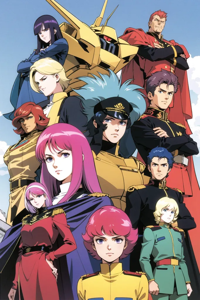 The image shows a group of characters from the anime series Mobile Suit Gundam. In the center of the image is a large yellow robot called the Gundam. The characters are standing in front of the Gundam and are all wearing military uniforms. The characters are mostly young men and women, with a few older men in the background. The characters are all looking at the viewer with serious expressions. In the background, there is a blue sky with white clouds.