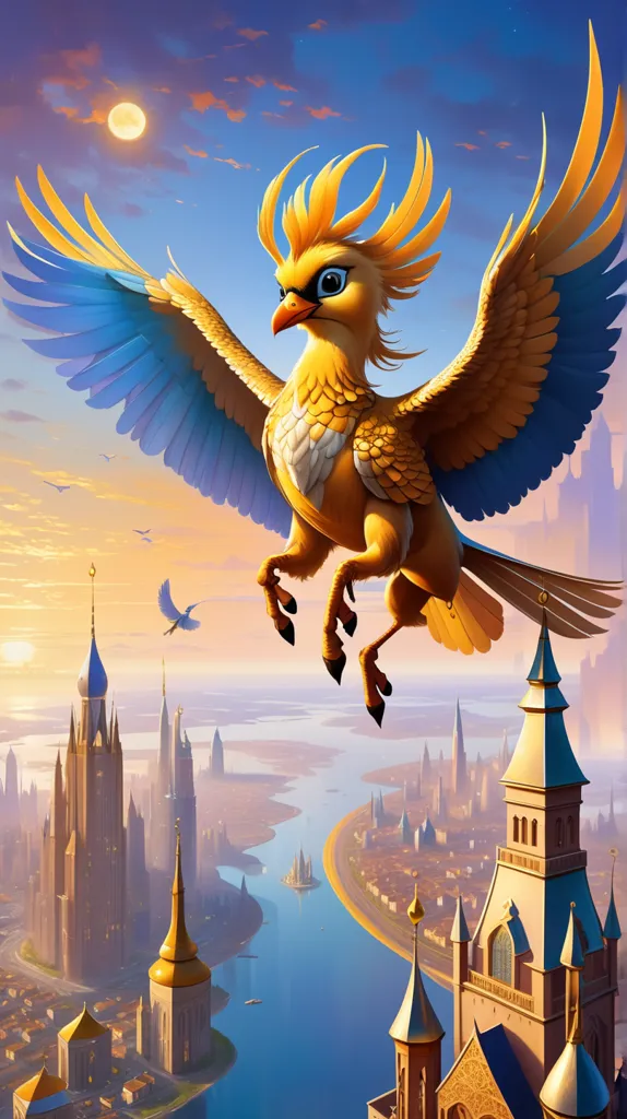 The image is of a golden phoenix with blue wing tips flying over a fantasy city. The city is made up of tall buildings with spires and towers, and there is a river running through the middle of it. The sky is a gradient of orange and yellow, with a full moon in the top left corner. The phoenix is flying towards the viewer, and its wings are spread wide. Its tail feathers are long and flowing, and its head is turned to the side. The phoenix's eyes are closed, and it has a serene expression on its face. The image is both beautiful and majestic, and it captures the mythical creature in all its glory.