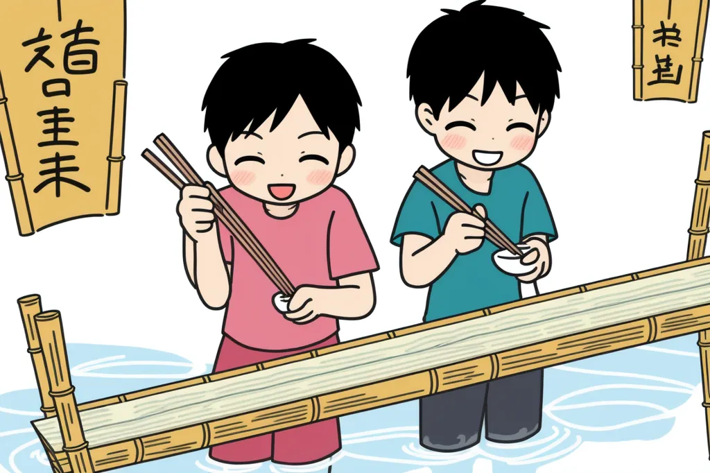 The picture shows two boys eating noodles in a river. The boys are sitting on opposite sides of a long bamboo pole, and they are both holding chopsticks. The noodles are flowing down the bamboo pole, and the boys are catching them with their chopsticks. The boys are both smiling and look like they are enjoying their meal. In the background, there is a sign that says \