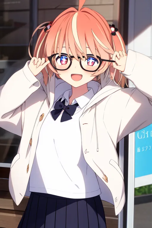 The image shows an anime-style girl with pink hair and blue eyes. She is wearing a white button-down shirt, a black jacket, and a pleated skirt. She is also wearing glasses and has a happy expression on her face. She is standing in front of what appears to be a store.