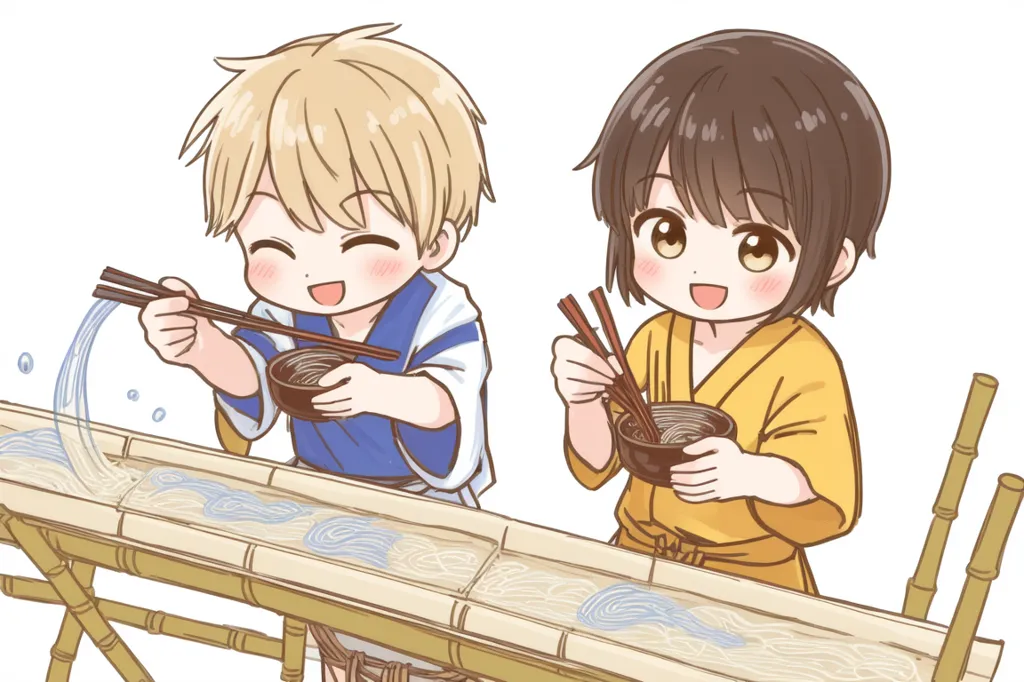 Two children are eating noodles from a long water trough. The boy on the left is blond and the girl on the right has brown hair. They are both wearing traditional Japanese clothing. The background is white.