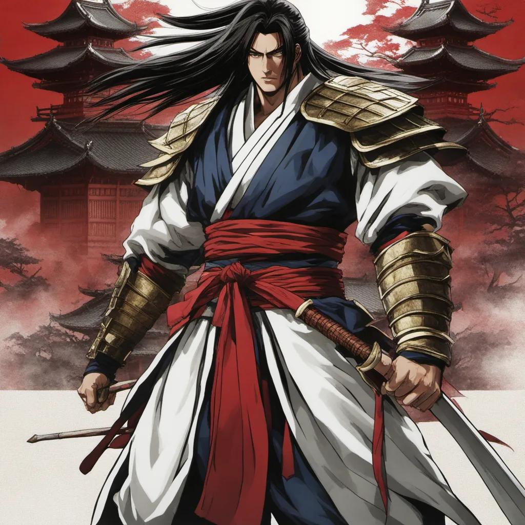 The image is of a man with long black hair, dark eyes, and a mustache. He is wearing a white shirt, blue pants, and a red sash. He is also wearing a sword. The man is standing in a courtyard, with a building in the background. The building is made of wood and has a red roof. The man is holding a sword in each hand. He has a determined look on his face.