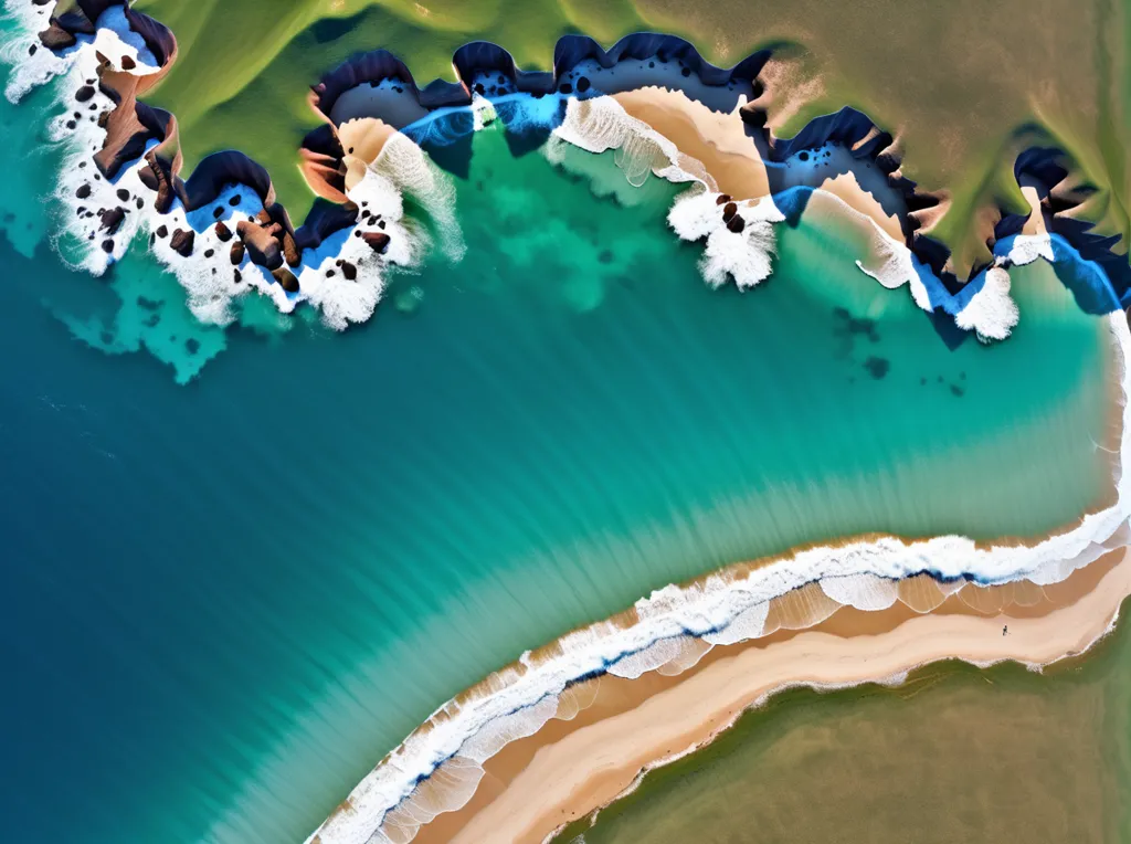 The image is an aerial view of a coastline. The water is a deep blue color and the land is a light green color. The beach is a thin strip of sand that separates the water from the land. There are some rocks in the water near the shore. The land is covered in vegetation.