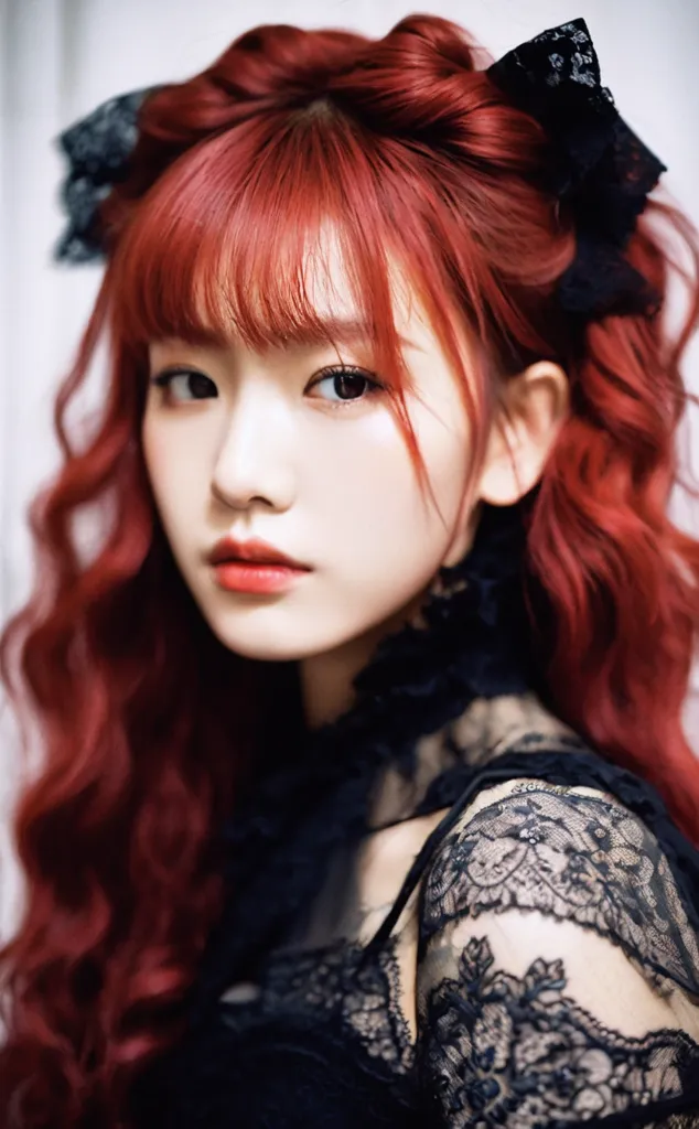 This is a picture of a young woman with long, red hair. She is wearing a black lace dress with a white collar. The dress has a high collar and long sleeves. The woman's hair is styled with two large bows on top of her head. She is wearing dark eyeshadow and red lipstick.