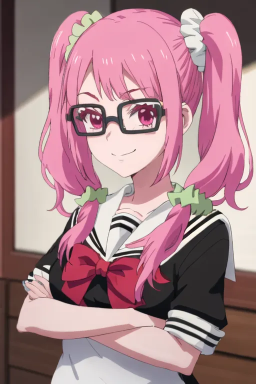 The image shows an anime girl with pink hair and glasses. She is wearing a black sailor uniform with a red bow. She has a confident smile on her face and is standing with her arms crossed.