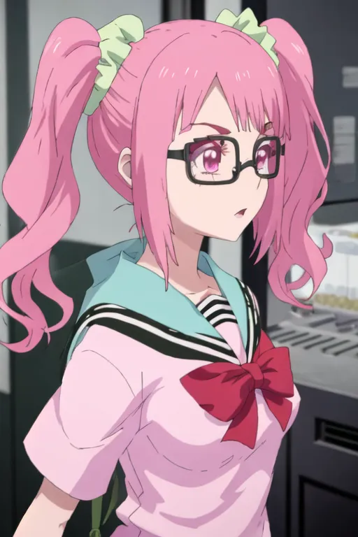 The image shows an anime girl with pink hair and glasses. She is wearing a pink and white school uniform with a red bow. She has her hair tied up in two pigtails with green scrunchies. She is looking to the right of the frame with a serious expression on her face.