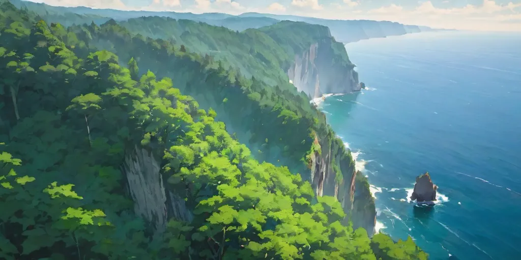 The image is a landscape of a coastline. There is a high cliff covered in green trees, and a blue sea below. In the background, there is a larger landmass with mountains. The sky is blue and there are some clouds. The image is in an anime style.