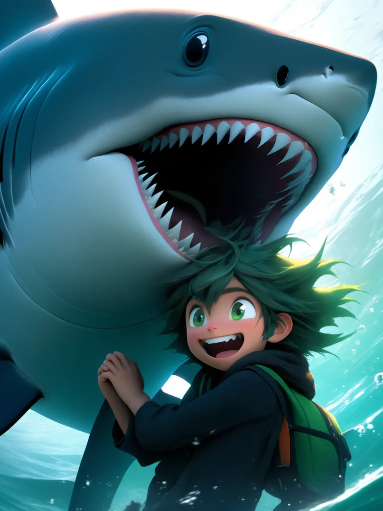 The image is of a boy and a shark. The boy is smiling and has his hand on the shark's nose. The shark has its mouth open and is showing its teeth. The boy is wearing a black wetsuit with green accents and has green hair and eyes. The shark is blue and has white teeth. The background is a light blue water with white bubbles.