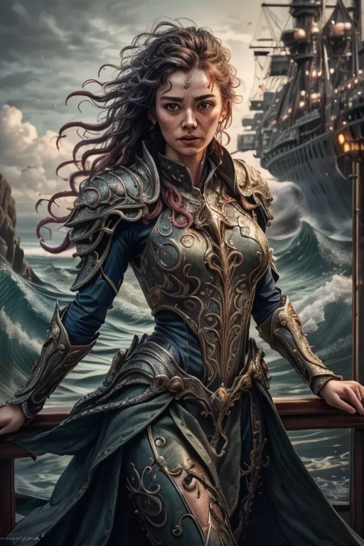 This image shows a woman standing on the deck of a ship. She is wearing armor and has a sword in her hand. She is looking out at the sea with a determined expression on her face. The ship is being tossed by the waves, but she stands firm. She is a strong and courageous woman, and she is ready to face whatever challenges come her way.