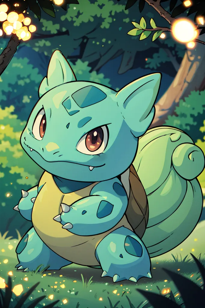 The image shows a Pokemon character. It is a small, blue, and green creature with a big head and a long tail. It has brown eyes and a friendly expression on its face. It is standing in a forest, surrounded by green trees and flowers. The background is a light blue color, and there are some yellow and white lights in the trees.