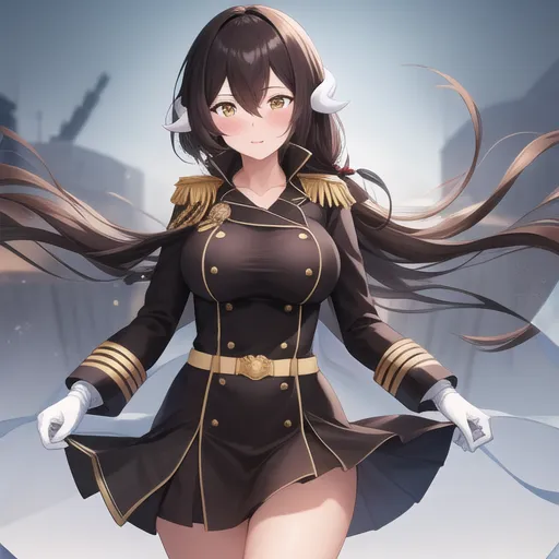 The image depicts an anime girl with long brown hair and brown eyes. She is wearing a black military uniform with a white belt and gloves. The girl has a confident expression on her face and is standing with her legs shoulder-width apart. In the background, there is a large ship.