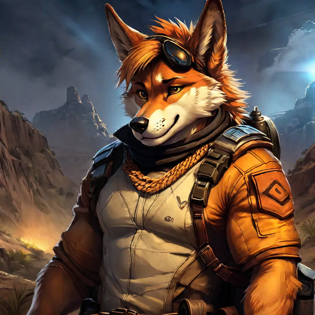 This is an image of a muscular fox wearing a brown jacket and goggles. He has a confident expression on his face and is looking to the right of the frame. He is standing in a rocky canyon, with a mountain in the background. The sky is dark, with a few clouds.