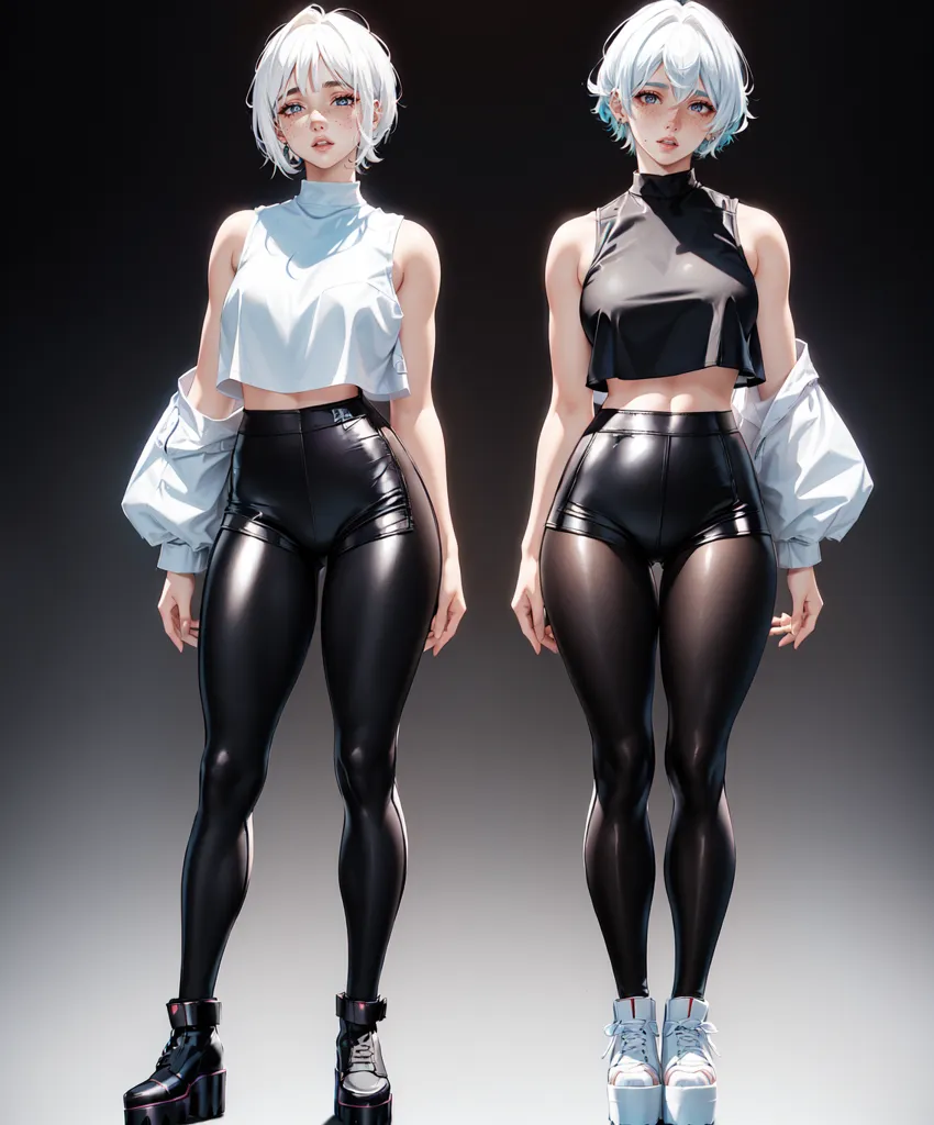 The image shows two anime girls with white hair and blue eyes. They are both wearing black leather shorts and white crop tops. The girl on the left has one white sleeve and a black jacket. The girl on the right is wearing a black turtleneck. They are both wearing black boots.