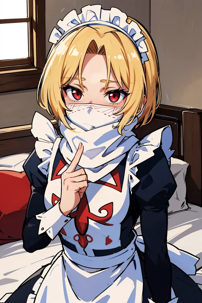 The picture shows a young girl with blond hair and red eyes. She is wearing a black and white maid outfit with a red scarf covering her mouth. She is standing in a bedroom, with a bed and a window in the background. The girl has a serious expression on her face, and she is looking at the viewer with her finger raised to her lips,