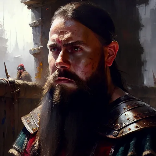 This is a picture of a man with dark hair and a beard. He is wearing a red shirt and a metal shoulder pad. He has a sword in his hand and is looking to the left. In the background, there is a castle and two other men are fighting.