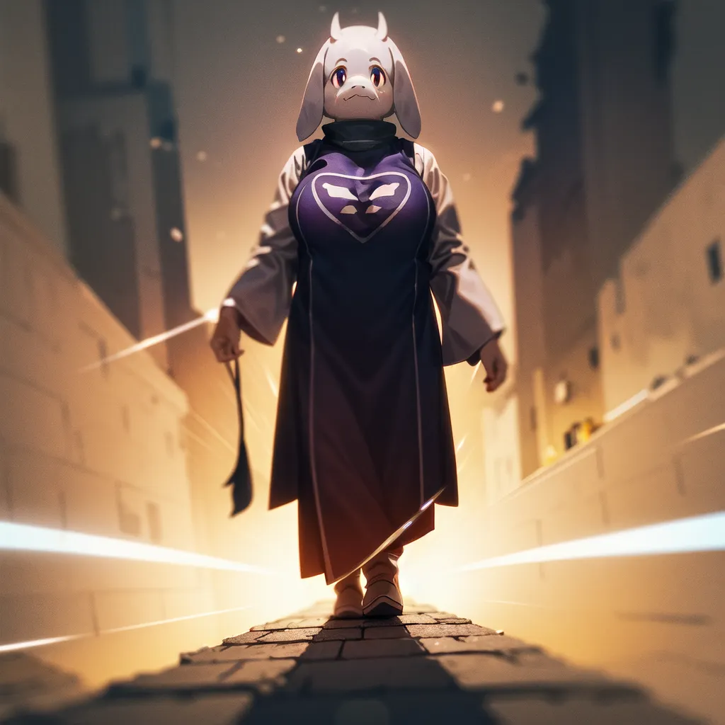 The image is of a character from the indie video game Undertale. The character is Toriel, the adoptive mother of the protagonist, Frisk. Toriel is a tall, anthropomorphic goat-like monster with white fur and a purple dress. She is shown here with a serious expression on her face, walking down a path in the Underground, a region of the game's setting. The background is a blurred cityscape, with buildings and lights in the distance.