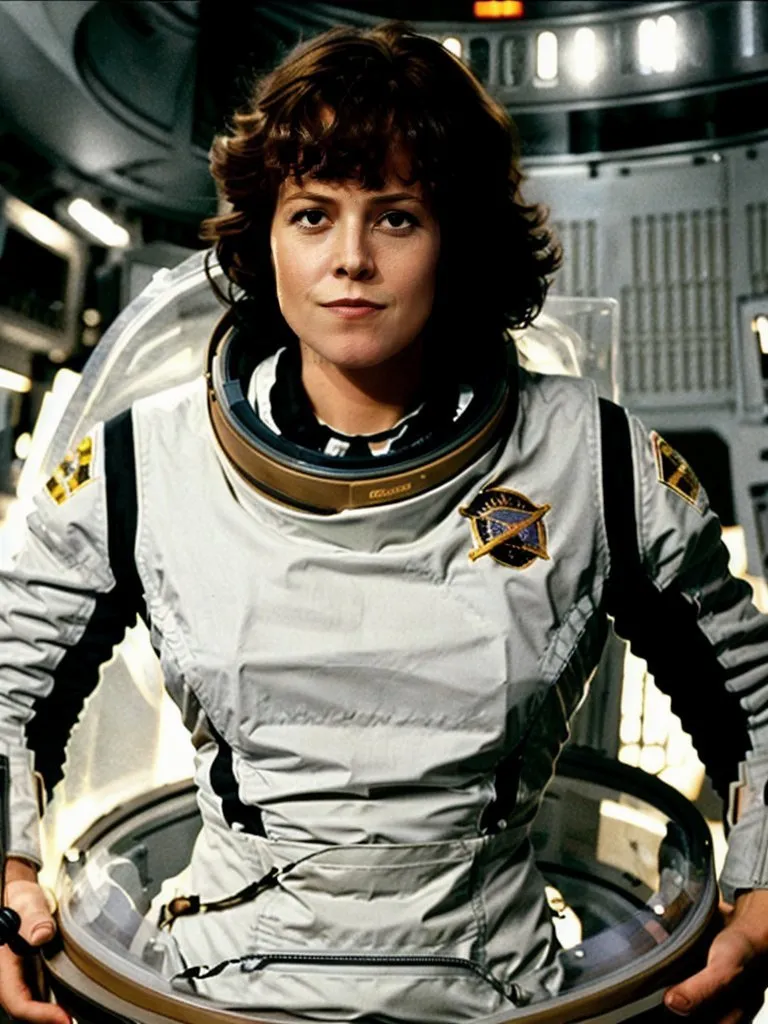 The picture shows a young woman in a spacesuit with a clear bubble helmet. She is standing in a spaceship, and there is a control panel behind her. She has short brown hair and a determined expression on her face. She is wearing a white spacesuit with a brown patch on her shoulder.