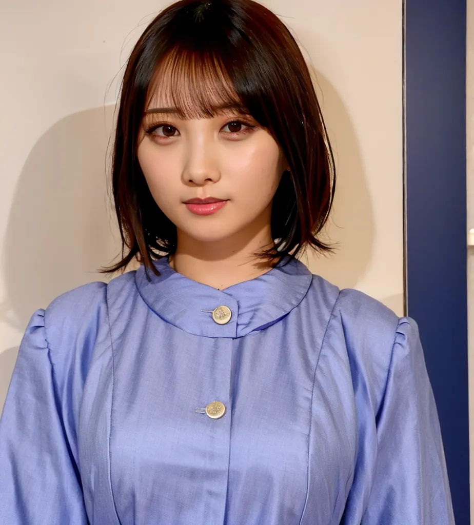 This image shows a young Japanese woman with short dark hair and bangs. She is wearing a blue dress with gold buttons. She has a serious expression on her face. The background is white and blue.