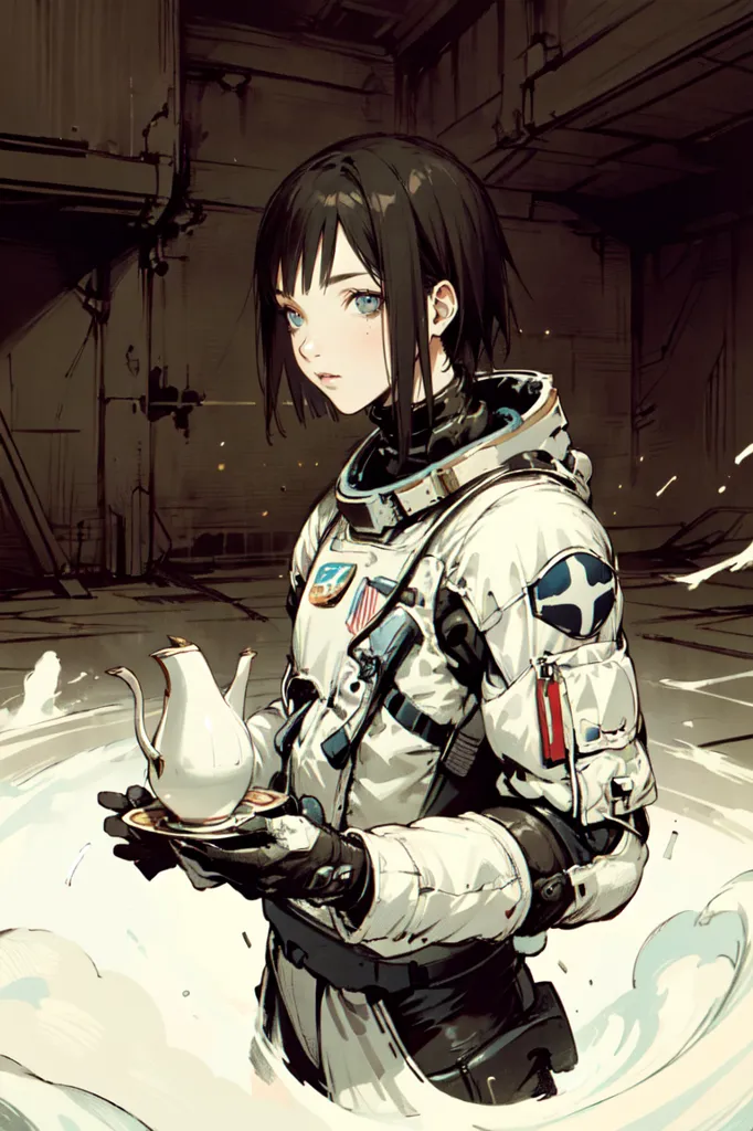 A young girl in a spacesuit is standing in a dark room. She is holding a teapot and a teacup. The girl has short black hair and blue eyes. She is wearing a white spacesuit with a red and blue patch on the shoulder. The spacesuit has a clear bubble helmet. The girl is standing in a pool of liquid. There is a large hole in the wall behind her.