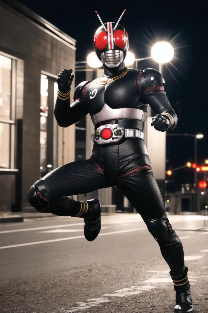 The image shows a man wearing a black and red superhero suit. The suit has a red belt with a silver buckle. The man is wearing a black helmet with red eyes. He is standing in a fighting pose. There are buildings and street lights in the background.