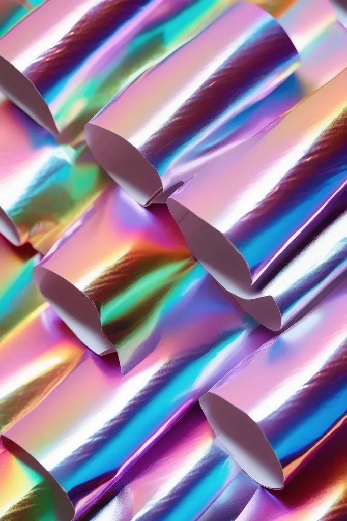 The image shows a pile of colorful paper. The paper is iridescent, meaning that it changes color when viewed from different angles. The colors in the image include pink, blue, green, and purple. The paper is also shiny, which gives it a glossy appearance. The image is very colorful and has a lot of visual interest.