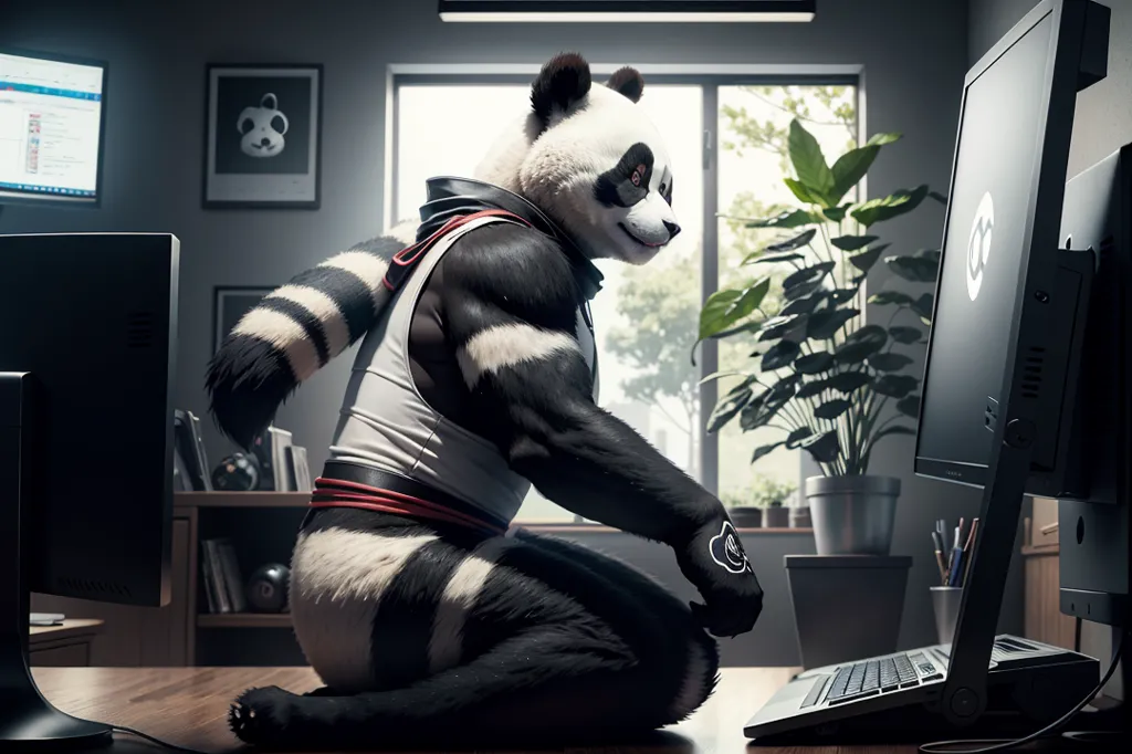 A muscular anthropomorphic panda wearing a white vest and black pants is sitting on a desk in front of a computer. The panda is looking at the computer screen. There is a plant to the right of the panda and two computer monitors behind it. The panda is wearing a red and white headband and has a black belt around its waist.