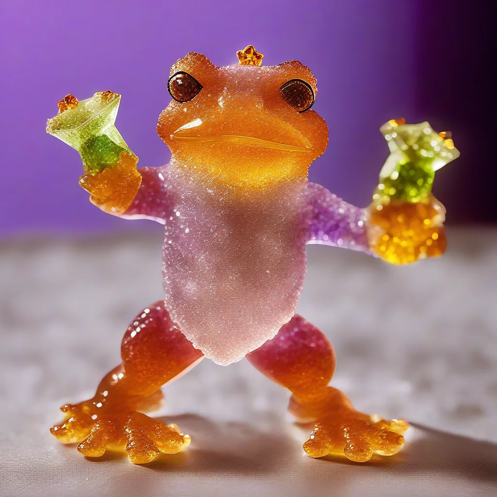 This is a 3D rendering of a cartoon frog made of rock candy. It is standing on a reflective surface and is holding two green starfish in its hands. The frog has a gold crown on its head. The frog is mostly a peachy color, but its belly is purple and its feet are yellow. The frog has big eyes and a wide smile on its face.