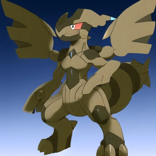 The image shows a large, bipedal, draconic Pokémon. It has a dark brown, rocky body with light brown, rocky wings and a light brown belly. It has a large, triangular head with a single, red eye and a mouth full of sharp, white teeth. Its arms are long and muscular, with three sharp claws on each hand. Its legs are short and powerful, with two sharp claws on each foot