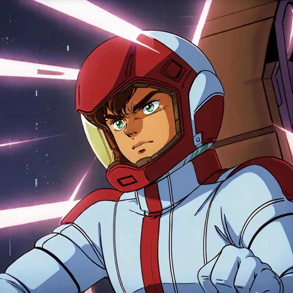 The image is a frame from an anime movie. The character is wearing a red and white helmet with a clear visor. He has brown hair and green eyes. He is wearing a white spacesuit with red stripes on the arms and legs. He is sitting in a cockpit, and there are lasers firing in the background.