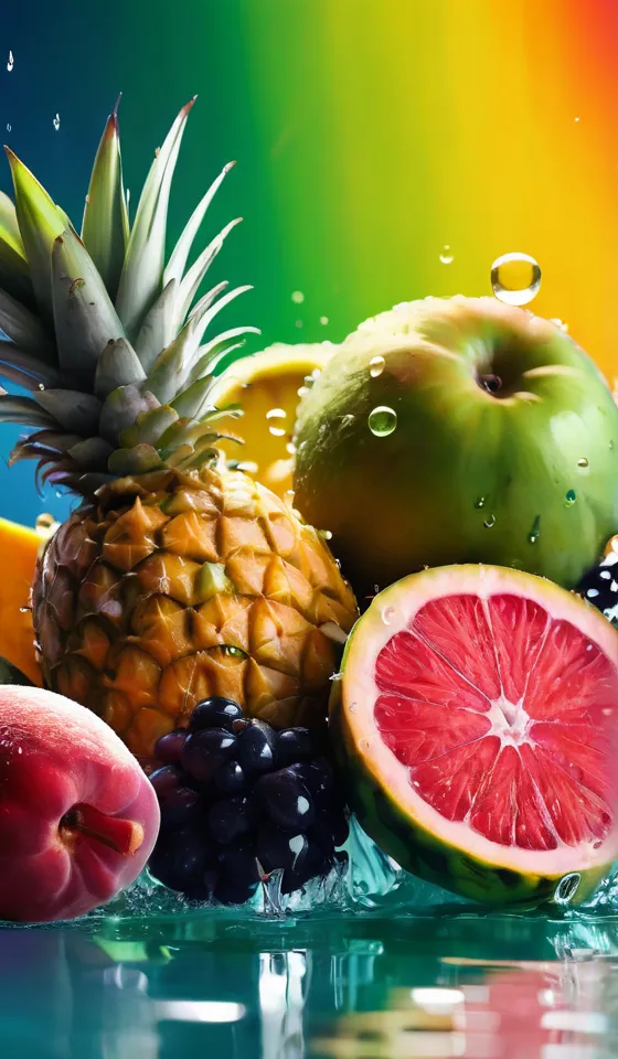 The image shows a variety of fruits. There is a pineapple, a green apple, a blood orange, and a peach. The fruits are arranged in a visually appealing way and appear to be wet. The background is a rainbow of colors, which makes the image more vibrant. The overall effect is one of freshness and health.