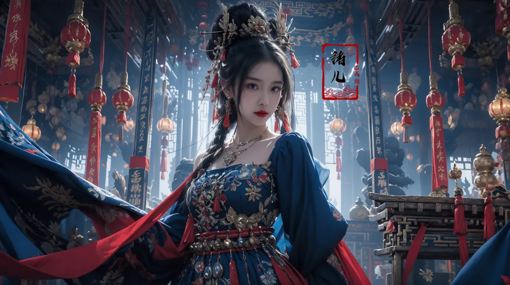 The image shows a young woman in a blue and red dress with traditional Chinese hair and makeup. The background is a Chinese-style building with red lanterns and blue curtains.