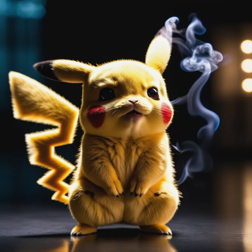 This image shows a Pikachu, which is a character from the Pokémon franchise. It is a small, yellow creature with a lightning bolt-shaped tail. It is standing on a dark surface, and there is a smoky atmosphere around it. The Pikachu is looking at the viewer with its big, brown eyes