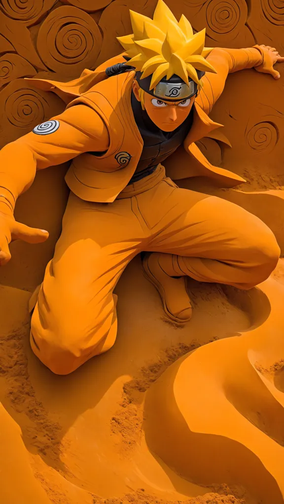 The image shows a character from the anime series Naruto. The character is named Naruto Uzumaki, and he is a young ninja who is training to become the Hokage, the leader of his village. Naruto is wearing his signature orange jumpsuit, and he is in a fighting stance. He has his right hand extended forward, and his left hand is on the ground. He is looking at his opponent with a determined expression on his face. The background of the image is a sandy, rocky terrain, with a large rock formation in the back.